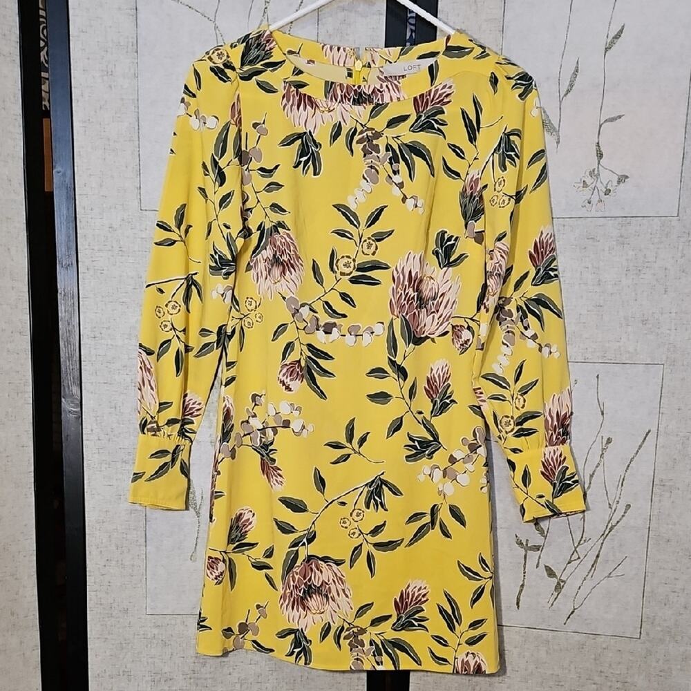 LOFT Green and Pink Floral Sheath Dress with Long Sleeves
